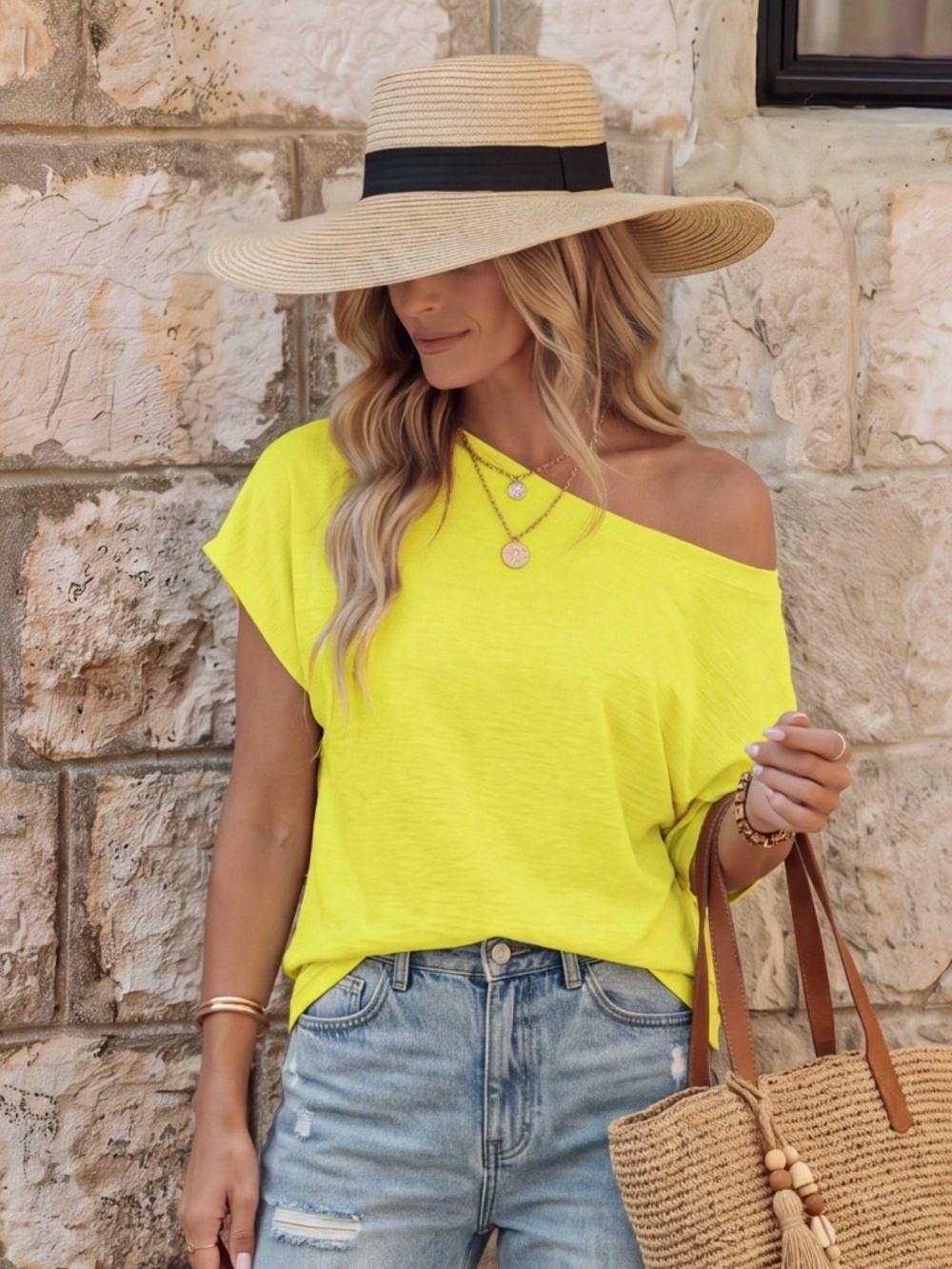 Boat Neck Batwing Sleeve Yellow Tee Shirt Short Sleeve